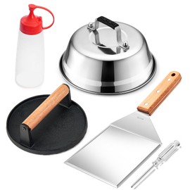 Joyfair Smash Burger Kit (5Pcs Griddle Accessories Hamburger Tools), 9’’ Melting Dome Basting Cover, 18/10 Stainless Steel Grill Spatula Turner, Cast Iron Patty Bacon Press, Sauce Bottle, Screwdriver