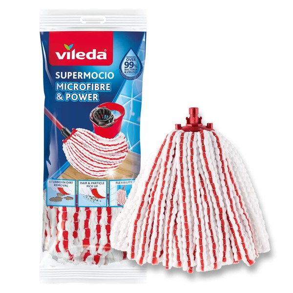 Vileda SuperMocio Microfibre &Power Replacement | Pack of 1| Suitable for Vileda SuperMocio Floor Mop System | Dirt & Hair Collection | Removes Over 99% of Bacteria with Water Only