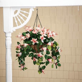OakRidge Fully Assembled Artificial Fuchsia Hanging Basket, Pink – Polyester/Plastic Flowers in Metal/Coco Fiber Liner Basket for Indoor/Outdoor Use