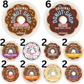 30 Count -- Original Donut Shop Variety Pack Coffee Pods K Cup Sampler -- Donut Shop, Dark, Peppermint Bark, Nutty + Caramel, Vanilla Cream Puff, Twix, Coconut + Mocha, Snickers, Cookie Dough So Delicious & White Chocolate + Vanilla Coffee -- for Keurig 