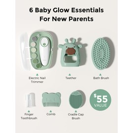 Momcozy Glow Baby Kit, Baby Shower & Registry Essential Kit for Grooming & Cleansing Care, Includes Electric Nail File, Teether, Bath Brush, Cradle Cap Brush,Comb, Finger Toothbrush,Newborn Must-Have