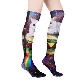 Benefeet Sox Women Girls Funny Novelty Knee High Socks Funky Silky Ultrathin Long Soft 3D Print Patterned Socks Cute Galaxy Cat Socks Crazy Costume Cosplay Stockings Cat Lover Gifts, Space Cat Burger