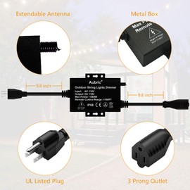 Outdoor Dimmer Switch for String Lights, 1000W Max Power IP68 Waterproof Wireless RF Remote Control Timer Switch, 3 Prong Outlet Plug-in Dimmer for Dimmable LED String Lights Patio Lights