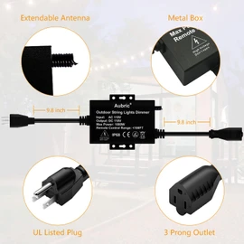 Outdoor Dimmer Switch for String Lights, 1000W Max Power IP68 Waterproof Wireless RF Remote Control Timer Switch, 3 Prong Outlet Plug-in Dimmer for Dimmable LED String Lights Patio Lights