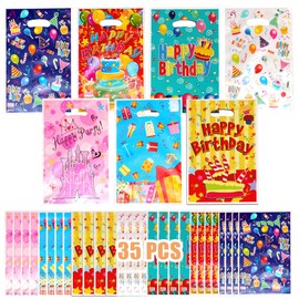 QOWIJEX Pack of 35 Gift Bags Children's Birthday Party Bags Children's Birthday Party Bags Gift Candy Bags for Girls Boys Children Birthday Party Bags (7 Styles)