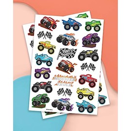 xo, Fetti Monster Truck Party Supplies Tatuajes temporales - 42 estilos metálicos | camiones, coches grandes, líneas de acabado + llamas