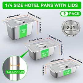 9Pack Steam Table Pans, 1/4 Stainless Steel Hotel Pans with Lids, Multiple Depths Steam Pan 2.55"/3.9"/5.9" Deep Commercial Food Pans, Dishwasher & Oven Safe Food, Catering Buffet Commercial Use