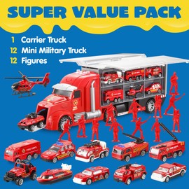 JOYIN 25 in 1 Fire Truck Vehicle Toy Set with Sounds and Lights, Fire Engine Vehicles in Carrier Truck, Mini Rescue Emergency Car Toy, Christmas Birthday Gifts for Over 3 Years Old Boys