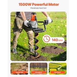 VEVOR Electric Post Hole Digger, 5.71 in Auger Bit with 1500W Powerful Motor, 140 RPM Alloy Steel Earth Auger Drill Bit with 10.24 in Extension Rod, for Post Hole Digging, Drilling & Tree Planting