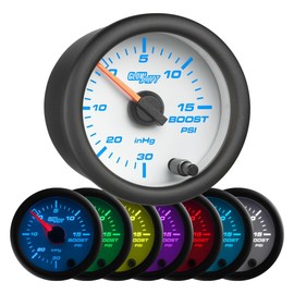 GlowShift White 7 Color 15 PSI Turbo Boost/Vacuum Gauge Kit - Includes Mechanical Hose & T-Fitting - White Dial - Clear Lens - for Cars - 2-1/16" 52mm