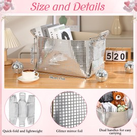 Geelin Disco Ball Storage Basket for Organizing 15x10x9 in Glitter Silver Foldable Fabric Storage Bin with Carry Handle for Shelves Bling Felt Basket Organizer for Home Decor Office Laundry (2 Pcs)