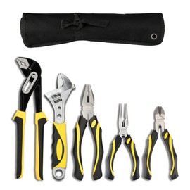 DOWELL Pliers Set 5-Pieces 10-Inch Groove Joint Pliers 8-Inch Adjustable Wrench Combination Pliers 6-inch Long Nose Diagonal Cutting Pliers Maintenance Tool Kit with Tool Pouch