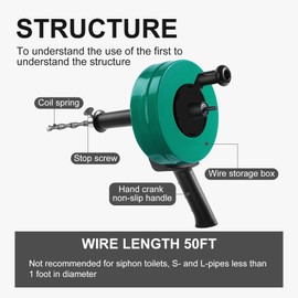 50 FT Drain Snake Auger - Flexible & Powerful Snake Drain Hair Remover Tool, for Kitchen, Shower & All Drains - Manual or Drill-Powered with Gloves, Storage Bag