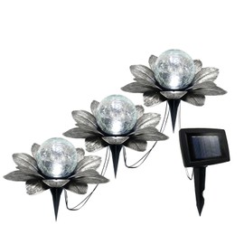 LEWIS&WAYNE Solar Garden Lights Outdoor, 3 Pcs Silver Gray Lotus Flower Pathway Lamps with Cool White Crackle Glass Globe Led Lights for Patio Pathway Yard Balcony Garden Decorations