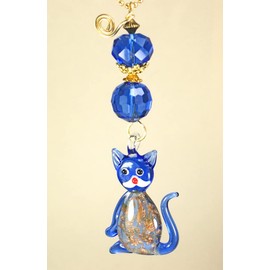 Blown Glass Blue Kitty Cat All Glass Rear View Mirror Car Accessory Ornament
