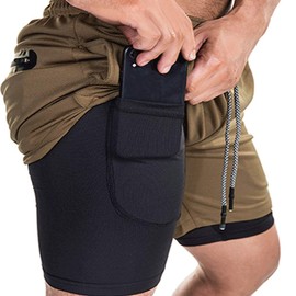 EVERWORTH Pantalones cortos de entrenamiento 2 en 1 para hombre con bolsillos con cremallera, Marrón, Medium