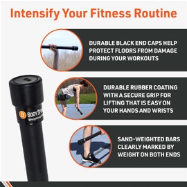 BodySport® Weighted Bar, 30 lb., Black– Strength Training Workout Bar for Men and Women – Durable Curl Bar with Secure Rubber Grip for at Home or Gym – For Yoga, Pilates, Physical Therapy, Resistance Training, and More