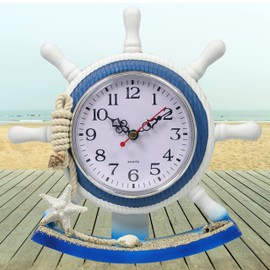 BANBERRY DESIGNS Nautical Beach Clock - Boat Steering Helm with Starfish, Rope, and Seashell Accents - Ocean Beach House - Lake Cabin Decoration - 8.5" W X 8.75" H