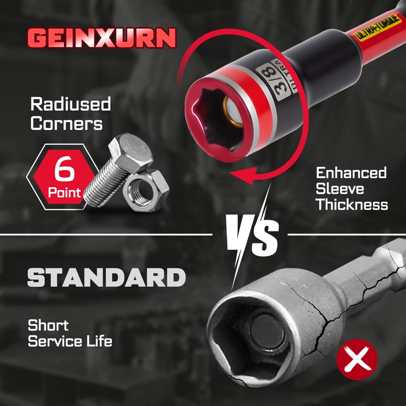 Geinxurn Impact Nut Driver Set, 5 Pieces 6”Long 1/4”5/16”3/8”7/16”1/2”6 Point