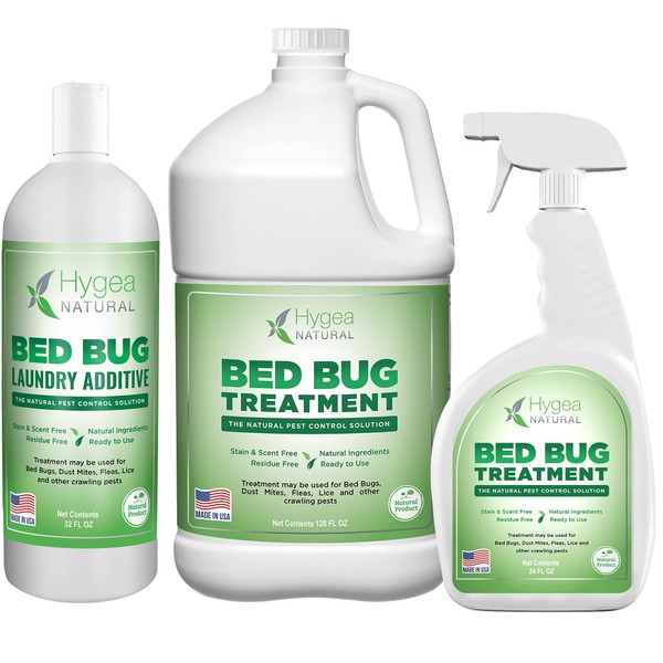 Hygea Natural Exterminator Combo Pack, Non Toxic Treatment, Natural Bugs & Lice Eradicator, Includes Bed Bug Spray 24 oz, Refill 128 oz & Laundry Treatment 32 oz