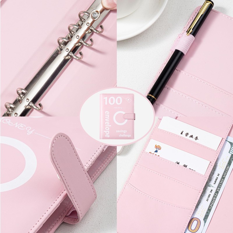 A5 Binder Notebook, 100 Days Saving Challenge Binder, PVC Leather