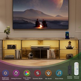 VECELO LED TV Stands Power Outlets, Entertainment Center with Glass Shelves, 7 Open Storage, Modern Television Cabinet for Living Room Bedroom, Light Brown, 65inch