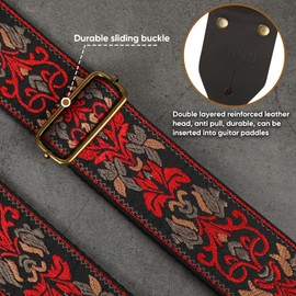 Guitar Strap,Jacquard Cotton Guitar Straps with Real Leather Ends for Acoustic,Electric Guitars and Bass,with Free 1 Head strap, 2 Anti Slip Buckle and 3 Guitar Picks (GS-75-1 Deep Red Jacquard)