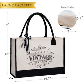 Crisky 60th Birthday Gifts for Women Canvas Tote Bag Vintage 1964 Beach Bag for Wife/Sister/Mom/Aunt/Friends 60th Birthday Gifts,17" x 12" x 7"