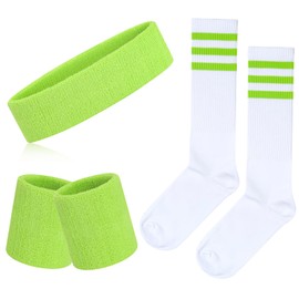 ONUPGO 5 Pieces Sweatbands Striped Socks Set Sports Headband Wristbands High Tube Socks 80s Accessories Costumes, Neon Green