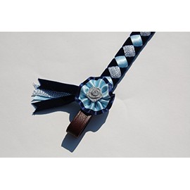 IV Horse Velvet and Satin Browbands with Mini Rosettes sizes small pony to extra full (Navy Baby Blue and Silver, Small Pony)