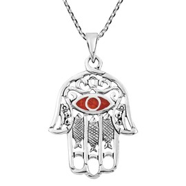 AeraVida Hamsa Hand with Evil Eye Reconstructed Red Coral Inlaid .925 Sterling Silver Pendant Necklace