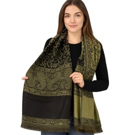 Peach Couture Blanket Scarf Thick 4 Ply Reversible Paisley Pashmina Throw Scarf Wrap Shawl (Black/Olive)