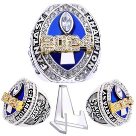 2024 Fantasy Football Championship Ring | Heavy FFL Champion Ring | Gold Silver Tone Plated Award Trophy for Fantasy Football League Winner (Ring and Stand Together, Size 14)