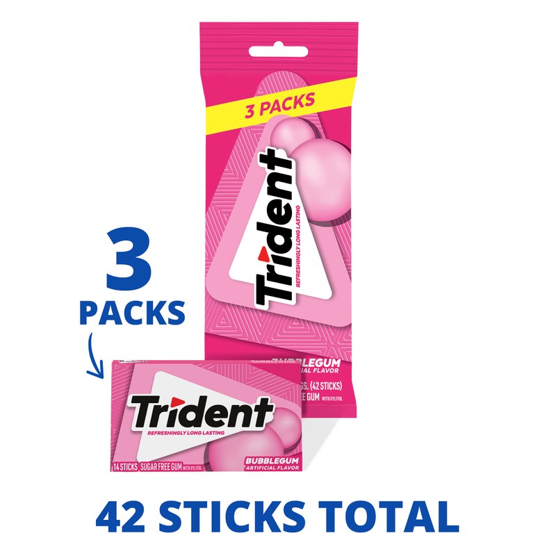 Trident Bubblegum Sugar Free Gum, 3 Packs of 14 Pieces