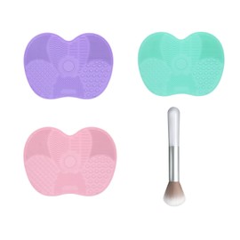 4 Pack Makeup Brush Cleaning Mat, 3 Cosmetic Portable Washing Tools with 7 Cleansing Areas and 1 Blush Highlighter Brush, Effectively Remove Makeup Residue on Brushes (Three Colors)