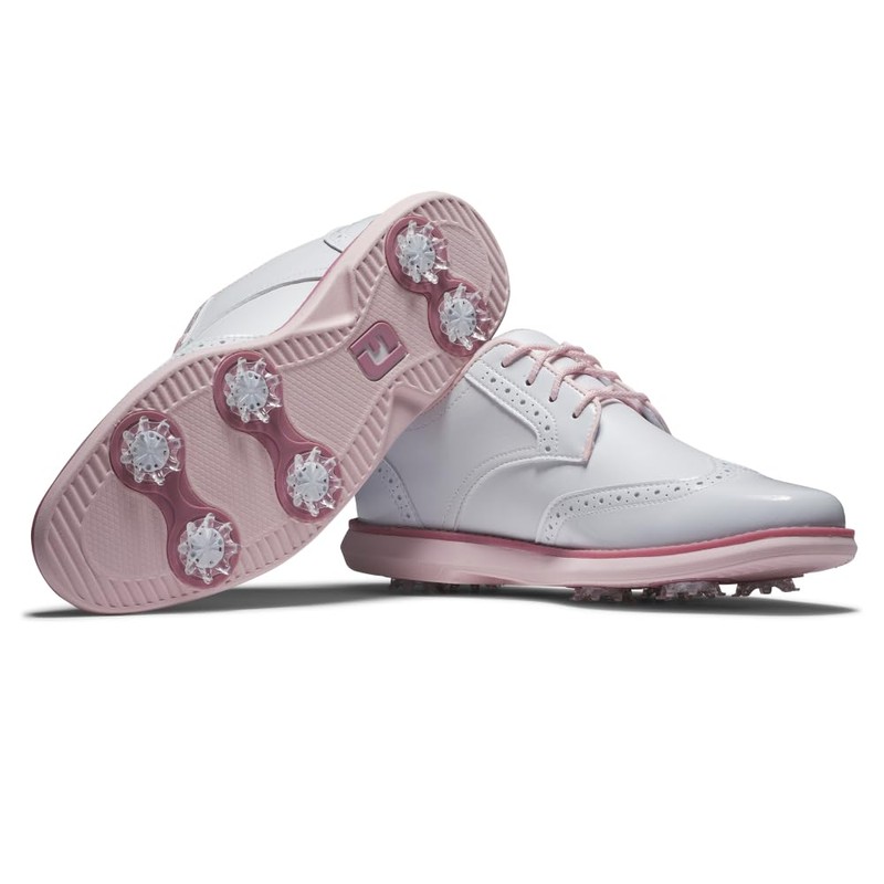FootJoy Women's Traditions Shield Tip Golf Shoe, White/White/Pink, 8