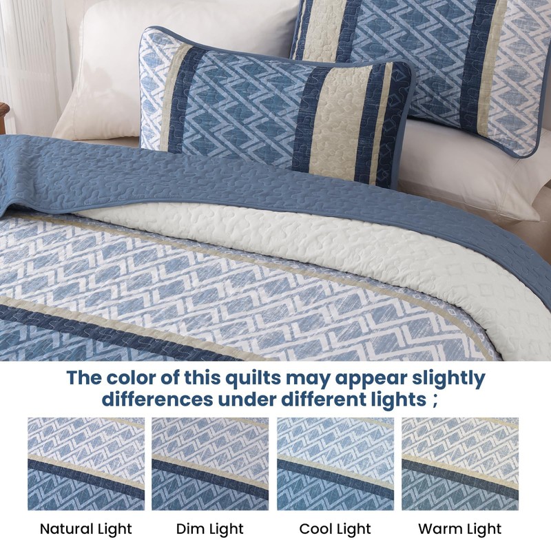 Dinjoy King Size Quilt Set Boho, Soft Striped Bedspreads Blue