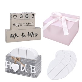 Wedding Countdown Calendar Set – Rustic Wooden Countdown Blocks, 6 Heart-Shaped Coasters with Holder & Luxury Gift Box – Engagement Gift for Bride, Bridal Shower Gift