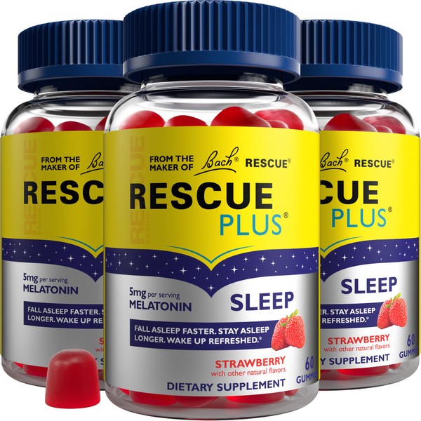 Bach RESCUE PLUS Melatonin Sleep Gummies, Natural Strawberry Flavor, Sleep Aid, Dietary Supplement, Vegan, Gluten-Free, No Artificial Flavors, Colors or Sweeteners, 3 Pack, 180 Count Total