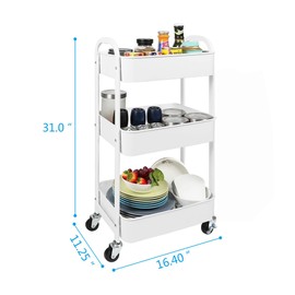 MAX Houser 3-Tier Rolling Utility Cart with Caster Wheels,Easy Assembly, for Kitchen, Bathroom (White)