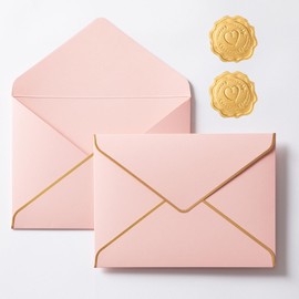 30 Pcs A7 250g Envelopes 5 x 7 Card Envelopes and 30 Pcs Gold Embossed Wax Seal Envelopes Self Adhesive V Flap Envelopes with Gold Border for Graduation Invitation Wedding Greeting (Pink)