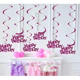 Quirki Pink Happy Birthday Decorations Hanging Swirls (6pcs) Spiral Foil Streamers (Pink)