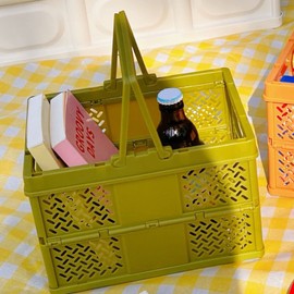 Folding Storage Crates with Handle, Hollow Plastic Shopping Basket Portable Shower Caddy Multifunctional Car Milk Dairy Storage Crate for Kitchen Desktop Shelf Organizer(Green)