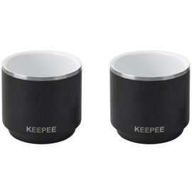 KEEPEE Taza apilable de 4 onzas, con aislamiento al aspiradora, taza de café espresso con revestimiento de cerámica, acero inoxidable, paquete de 2, color negro mate