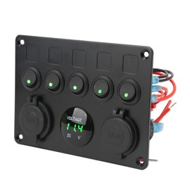 Panel de Interruptores de 5 Bandas para Barco Marino, Caravana, Remolque, Camión, Resistente Al Agua, Panel de Interruptores LED de 12‑24 V con Voltímetro Digital Retroiluminado (Azul)