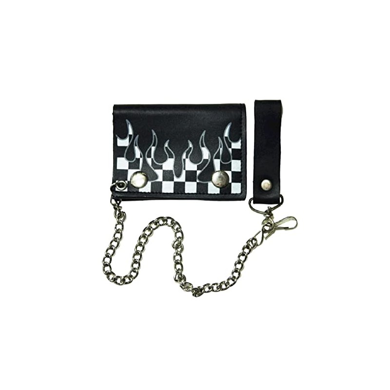 Checkered Flag Flames Biker Chain Leather Wallet Tri Fold