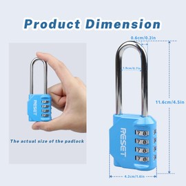RESET -060 4-digit long shackle combination lock, outdoor padlock for indoor use, for schools, gyms, lockers, tool boxes, fences, gates, blue