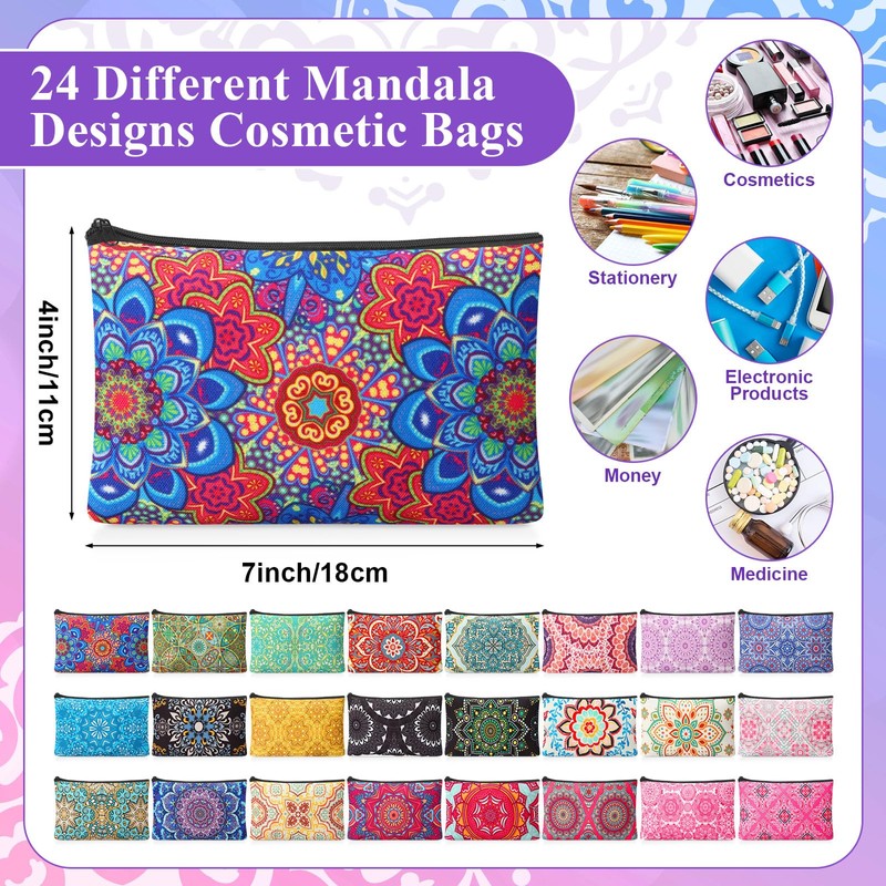 Meanplan 24 Pcs Mandala Cosmetic Bags Mandala Themed Makeup Bags