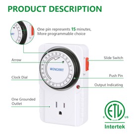 Wengart Plug-in Mechanical Timer,AC125V 15Amp,1HP,24 Hours,48 Sets of Switches to Help You Control Your Appliances on a Regular Basis,ETL Listed,White