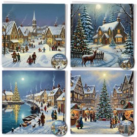 Simply Gifted Charity Christmas Cards Pack of 24 – Christmas Cards Multipack 4 Cute House Design with Envelopes & Stickers-125x125mm Luxury Charity Xmas Cards Festive Seasons Xmas Cards for Loved Ones